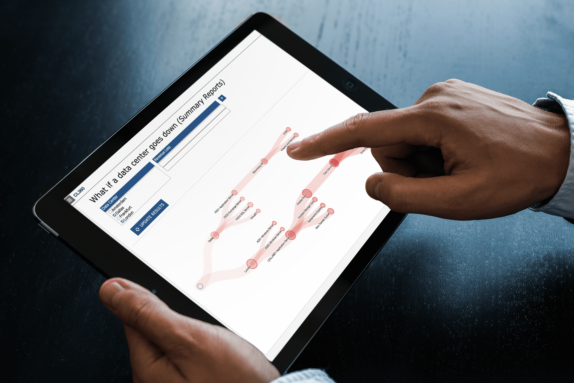 Professional utilizing CL360 Enterprise Risk Management software on a tablet for effective risk mitigation and business continuity