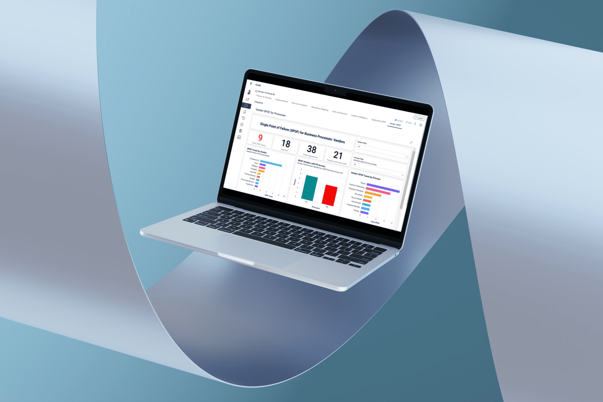 Screenshot of the CL360 platform by CLDigital displayed on a laptop screen, showcasing its user-friendly interface and features for operational resilience, business continuity, and GRC management.